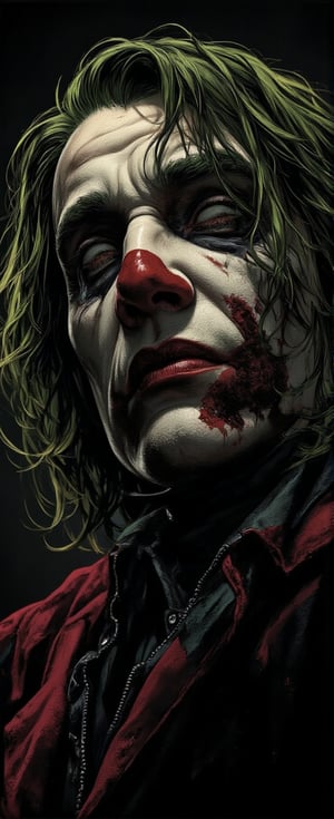 detailed illustration, illustration by Serpieri, best quality, masterpiece, portrait of The Joker (Batman, Heath Ledger), dramatic lighting, chiascuro, light hitting one side of the face, High Definition HD, High Detail, Perfect Composition, mythp0rt