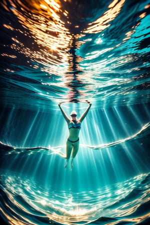 

"Beautiful swimmer, surreal water, night, colourful night