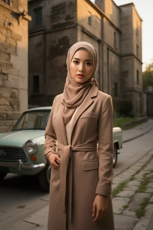 A stunning young Asian woman, dressed in contemporary fashion and stylishly veiled, stands confidently before the ancient stone walls of a 19th-century town, illuminated by softbox lights casting warm Rembrandt-like tones. Her poised stance features her hand resting on her hip, while delicate hijab patterns subtly pop against the classic car and  town's weathered backdrop, exuding poise and self-assurance as she stands proud in the warm glow.