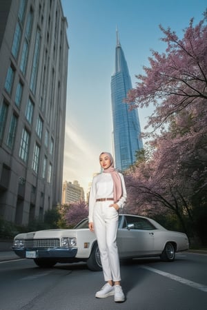 A low-angle, ultra-wide shot frames an Asian hijab woman's captivating portrait, illuminated by a strobe light's sharp, high-contrast glow. She poses with effortless elegance in trendy, all-white attire, against a backdrop of lush sakura trees and a cityscape dominated by a skyscraper. The street below is bathed in the soft, gradient shadow of the building, while a sleek, white classic car adds a touch of sophistication.