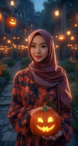 Western customs: October 31st is Halloween every year. On this day, the Holy Spirit will come down and some evil spirits will escape. Today, a beautiful and charming European  hijab woman is going to attend a friend's party. She also follows the custom of wearing charming and modest long clothes. This popular pumpkin costume looks particularly beautiful and charming. A beautiful and charming woman, she has beautiful long scarf and bright and beautiful eyes with long eyelashes. "The woman wears various styles of pumpkin costumes in colorful colors and various Halloween masks." "Super beautiful and charming". Pumpkin lanterns emit light of various colors. "The colorful pumpkin lanterns make the woman's face more beautiful and charming", she smiles and feels happy. Anime style, various colors The combination of water, oil, pastel ink and exquisite hand-drawn sketches is like a real photo, light and shadow, this is a good photo.,Glass