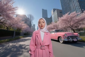 A high-angle, ultra-wide shot frames an Asian hijab woman's captivating portrait, illuminated by a strobe light's sharp, high-contrast glow. She poses with effortless elegance in trendy, all-pink attire with belt and accessories, against a backdrop of lush sakura trees and a cityscape dominated by a skyscraper. The street below is bathed in the soft, gradient shadow of the building, while a sleek, pink classic car beside her adds a touch of sophistication.