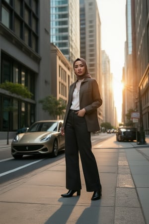 A stunning Asian hijabi woman poses elegantly against a sleek skyscraper's backdrop, surrounded by a trendy outfit that exudes style and sophistication. She stands confidently on the sidewalk, with the warm glow of the setting sun casting a flattering shadow on the street below. In the distance, a classic Ferrari gleams in the fading light, adding to the urban chic atmosphere as she strikes a pose that radiates poise and refinement.