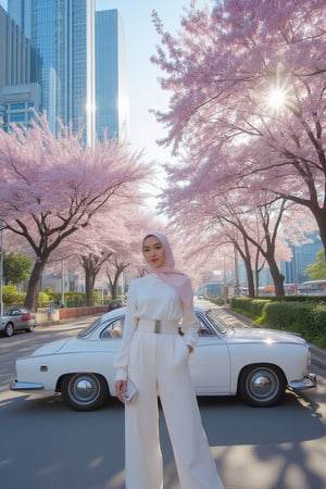 Here's a prompt for an image based on your description:

Ultra-wide shot from high angle captures Asian hijab woman posing effortlessly against lush sakura tree backdrop and cityscape dominated by skyscraper. Sharp strobe light highlights subject in trendy all-white attire with belt and accessories, while white classic car adds sophistication. Soft gradient shadows from building illuminate street below.