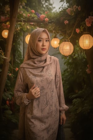 A stunning portrait of a woman, hijab flowing down her back like silk, posed with poise against a dreamy backdrop of lanterns aglow, vibrant flowers blooming, and lush foliage. Soft light dances across her refined features, modest attire shining like a beacon amidst whimsical ambiance. She stands serene yet captivating, timeless beauty radiating from within.