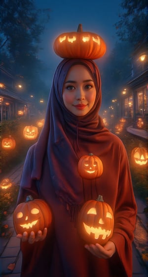 Western customs: October 31st is Halloween every year. On this day, the Holy Spirit will come down and some evil spirits will escape. Today, a beautiful and charming European  hijab woman is going to attend a friend's party. She also follows the custom of wearing charming and modest long clothes. This popular pumpkin costume looks particularly beautiful and charming. A beautiful and charming woman, she has beautiful long scarf and bright and beautiful eyes with long eyelashes. "The woman wears various styles of pumpkin costumes in colorful colors and various Halloween masks." "Super beautiful and charming". Pumpkin lanterns emit light of various colors. "The colorful pumpkin lanterns make the woman's face more beautiful and charming", she smiles and feels happy. Anime style, various colors The combination of water, oil, pastel ink and exquisite hand-drawn sketches is like a real photo, light and shadow, this is a good photo.,Glass