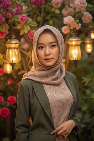 A serene portrait: a woman bathed in soft, gentle light, her elegant hijab flowing down like silk, framing refined features. She poses with poise against a whimsical backdrop of lanterns aglow, vibrant flowers blooming amidst lush foliage, modest attire accentuating radiant beauty. Camera captures her serene expression, softly lit by warm golden light, standing before colorful floral arrangement, hijab subtly framing face and neck.