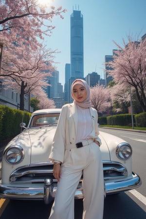 A high-contrast strobe light casts an intriguing glow on an Asian hijab woman's captivating portrait, shot from an ultra-wide angle above. She poses elegantly in trendy all-white attire with belt and accessories against a backdrop of lush sakura trees and cityscape, dominated by a skyscraper. A sleek white classic car beside her adds sophistication, while the street below is bathed in the soft gradient shadow of the building's towering presence.