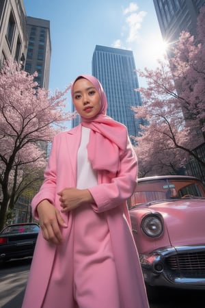 A high-angle, ultra-wide shot frames an Asian hijab woman's captivating portrait, illuminated by a strobe light's sharp, high-contrast glow. She poses with effortless elegance in trendy, all-pink attire, against a backdrop of lush sakura trees and a cityscape dominated by a skyscraper. The street below is bathed in the soft, gradient shadow of the building, while a sleek, pink classic car adds a touch of sophistication.