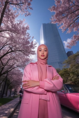 A low-angle, ultra-wide shot frames an Asian hijab woman's captivating portrait, illuminated by a strobe light's sharp, high-contrast glow. She poses with effortless elegance in trendy, all-pink attire, against a backdrop of lush sakura trees and a cityscape dominated by a skyscraper. The street below is bathed in the soft, gradient shadow of the building, while a sleek, pink classic car adds a touch of sophistication.