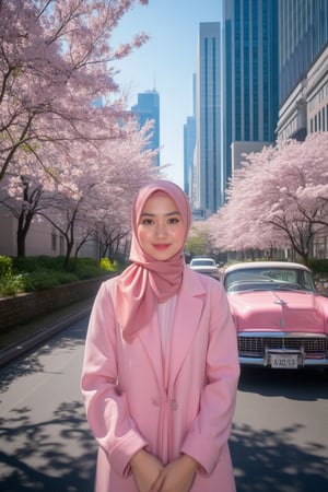 A high-angle, ultra-wide shot frames an Asian hijab woman's captivating portrait, illuminated by a strobe light's sharp, high-contrast glow. She poses with effortless elegance in trendy, all-pink attire, against a backdrop of lush sakura trees and a cityscape dominated by a skyscraper. The street below is bathed in the soft, gradient shadow of the building, while a sleek, pink classic car adds a touch of sophistication.