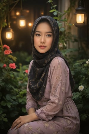 A serene woman's portrait, bathed in soft, gentle light, her elegant hijab flowing down the back like silk, elegantly framing her refined features. She poses with poise against a whimsical backdrop of lanterns aglow, vibrant flowers blooming amidst lush foliage, her modest attire accentuating her radiant beauty emanating from within.