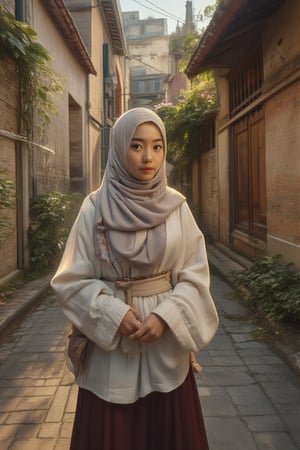 A stunning young Asian woman, dressed in contemporary fashion and stylishly veiled, stands confidently before the ancient stone walls of a 19th-century town, illuminated by softbox lights casting warm Rembrandt-like tones. Her poised stance features her hand resting on her hip, while delicate hijab patterns subtly pop against the classic car and  town's weathered backdrop, exuding poise and self-assurance as she stands proud in the warm glow.