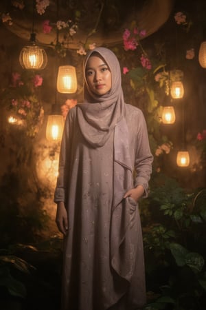 A serene portrait of a woman, softly lit to highlight her elegant hijab flowing down the back like silk, as she poses with poise against a whimsical backdrop of lanterns aglow, vibrant flowers blooming, and lush foliage, her refined features shining amidst modest attire, radiant beauty emanating from within.