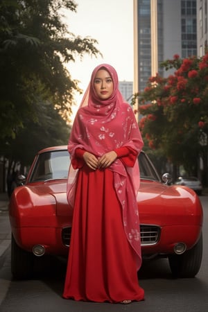 A striking low-angel shot captures an Asian hijab woman's mesmerizing portrait, warmly lit by a strobe light casting sharp shadows. Her long scarf flows gently in the breeze as she poses effortlessly in all-red-pink attire with matching accessories against a vibrant backdrop of red flower trees and city skyscrapers. The street below is bathed in soft gradient shadow, while a sleek classic red car beside her adds sophistication.