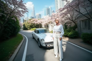 A high-angle, ultra-wide shot frames an Asian hijab woman's captivating portrait, illuminated by a strobe light's sharp, high-contrast glow. She poses with effortless elegance in trendy, all-white attire with belt and accessories, against a backdrop of lush sakura trees and a cityscape dominated by a skyscraper. The street below is bathed in the soft, gradient shadow of the building, while a sleek, white classic car beside her adds a touch of sophistication.