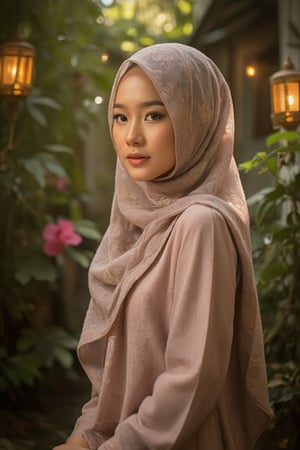 A serene woman's portrait glows in soft, gentle light, her elegant hijab flowing down the back like silk, elegantly framing refined features. She poses with poise against a whimsical backdrop of lanterns aglow, vibrant flowers blooming amidst lush foliage, modest attire accentuating radiant beauty emanating from within.