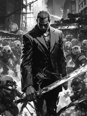 manga magazine cover poster, detailed realistic 3d, rough charcoal with zen brush calligraphy, monochromatic, closeup, burning synaptic energy aura, Yakuza wielding spiked scythe, torn business suit, night downtown, surrounded by tanks, battle scene against tactical soldiers, motion lines, attention lines, by shinkiro Bengus