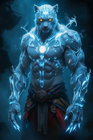 "A hyper-realistic depiction of a humanoid warrior perfectly fused with the spirit of a jaguar, maintaining every intricate detail from the reference image. The warrior stands from the knees up, with a flawless physique—every muscle precisely sculpted to showcase immense strength and power. His chest features a glowing orb embedded in the center, radiating a bright, ghostly blue-white light, like an arc reactor, with electric veins spreading across his torso, arms, and neck. The light pulses as if alive, connecting his spirit and body.

The face of the character perfectly blends the sharp features of a jaguar and human—keeping the jaguar's head, long flowing white fur, glowing yellow eyes, feline nose, and whiskers. His expression is intense, and the fusion feels seamless. The fur gradually merges with his skin through subtle electric lines, making his hands appear part-jaguar, with glowing claws faintly extending beyond his human-like fingers. His ghostly aura shines with an otherworldly blue-white energy, bright but fading into the mist, creating an ethereal presence. His body glows with a supernatural radiance, resembling a spectral being in physical form.

He wears a ceremonial loincloth and sash around his waist with the exact same deep red, yellow, and blue design from the reference, held by an intricately engraved belt. The misty rainforest in the background blends into the scene, with vines hanging loosely, giving a mystical, natural ambiance. The spirit of a jaguar floats behind him like a spectral apparition, glowing intensely, its translucent blue-white form reinforcing the connection between animal and man. The light from the spirit and the warrior intertwine, wrapping him in a radiant aura that feels alive.

Focus on rendering every detail in ultra-high 8K resolution—capture the muscles, the electric veins, the reflective fur, and the subtle glow from his claws. His pose is heroic, emanating power and calmness, with the camera positioned closely to show his upper body in sharp detail from the knees up. Make the glow from the chest orb vibrant, as if it’s a source of life, and enhance the blend of man and jaguar so that the transformation feels perfect—every feature harmoniously combined with artistic precision. Ensure the overall atmosphere is dramatic, mystical, and empowering, as if taken by the world’s best photographer."*