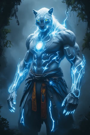 "A hyper-realistic depiction of a humanoid warrior perfectly fused with the spirit of a jaguar, maintaining every intricate detail from the reference image. The warrior stands from the knees up, with a flawless physique—every muscle precisely sculpted to showcase immense strength and power. His chest features a glowing orb embedded in the center, radiating a bright, ghostly blue-white light, like an arc reactor, with electric veins spreading across his torso, arms, and neck. The light pulses as if alive, connecting his spirit and body.

The face of the character perfectly blends the sharp features of a jaguar and human—keeping the jaguar's head, long flowing white fur, glowing yellow eyes, feline nose, and whiskers. His expression is intense, and the fusion feels seamless. The fur gradually merges with his skin through subtle electric lines, making his hands appear part-jaguar, with glowing claws faintly extending beyond his human-like fingers. His ghostly aura shines with an otherworldly blue-white energy, bright but fading into the mist, creating an ethereal presence. His body glows with a supernatural radiance, resembling a spectral being in physical form.

He wears a ceremonial loincloth and sash around his waist with the exact same deep red, yellow, and blue design from the reference, held by an intricately engraved belt. The misty rainforest in the background blends into the scene, with vines hanging loosely, giving a mystical, natural ambiance. The spirit of a jaguar floats behind him like a spectral apparition, glowing intensely, its translucent blue-white form reinforcing the connection between animal and man. The light from the spirit and the warrior intertwine, wrapping him in a radiant aura that feels alive.

Focus on rendering every detail in ultra-high 8K resolution—capture the muscles, the electric veins, the reflective fur, and the subtle glow from his claws. His pose is heroic, emanating power and calmness, with the camera positioned closely to show his upper body in sharp detail from the knees up. Make the glow from the chest orb vibrant, as if it’s a source of life, and enhance the blend of man and jaguar so that the transformation feels perfect—every feature harmoniously combined with artistic precision. Ensure the overall atmosphere is dramatic, mystical, and empowering, as if taken by the world’s best photographer."*