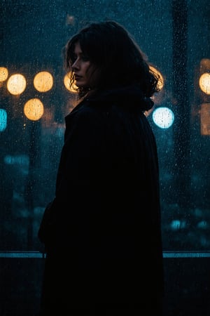 The cover opens with a dark, moody color palette—deep blues, misty grays, and glimmers of faded gold, evoking a nighttime ambiance. In the foreground, a woman with loosely tousled hair, wearing a vintage-inspired dark coat, stands in the rain, echoing Taylor Swift's solitary stance in the MV. She’s turned away slightly, almost facing the shadowy silhouette of a distant cityscape blurred by rain. Her expression is wistful, as if caught between longing and resignation, looking over her shoulder, mirroring the pensive feeling of the song.

Behind her, a rain-streaked glass window catches reflections of dim, flickering neon lights, perhaps from a small, isolated café or bar, hinting at fleeting moments and unresolved desires. The edges of the cover show the soft, dreamy lights of the city, fading into darkened shadows—a contrast that nods to the MV’s melancholy, reflective tone.

The title "Fortnight" appears at the center in elegant, serif lettering, with a slight glint as though highlighted by rain or neon lights. Below, in smaller text, a single lyric or phrase from the song underscores the image, adding an extra layer of emotional resonance.

The scene feels intimate yet distant, like a memory or fleeting dream, capturing the Fortnight MV’s essence of nostalgia, heartbreak, and fleeting connection.