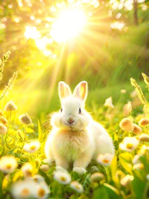 A cute bunny sitting in a lush green meadow, soft sunlight filtering through the trees, creating a warm, golden glow. The bunny is framed in the center of the image, its fluffy white fur illuminated, with a slight tilt of its head, curious eyes looking directly at the viewer. The background features vibrant wildflowers and a gentle breeze rustling the grass, capturing a peaceful, idyllic moment.