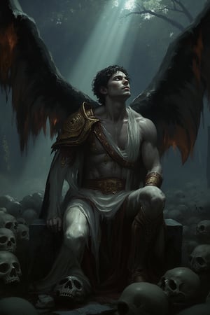 A highly detailed image of a handsome male fallen angel sitting and leaning against a grave in a field of skulls. He appears to be 30 years old. Clean shaven. His hair is black, short curls framing his face. His expression is eerie yet enigmatic, his eyes evil. His jaw is chiseled and features beautiful. His eyes are crimson red, detailed, sparkling in the dappled light under the grave. His two black wings are damaged and burning, burning feathers broken and drooping behind him. He is relaxing. His posture is relaxed and at rest. He wears a dark white, wearing angelic armor over one shoulder, showing off his toned body, abs, and  arms full of runes. He has a golden pauldron on his shoulder and gold accents on his clothes. Fantasy setting. Dynamic lighting. He looks ethereal, his skin luminescent. He is scary. He looks up at the sky. There is detailed, dynamic lighting reflecting off his armor and dappled light through the trees, god rays. Illustration, vintage, beautiful, fantasy, dark