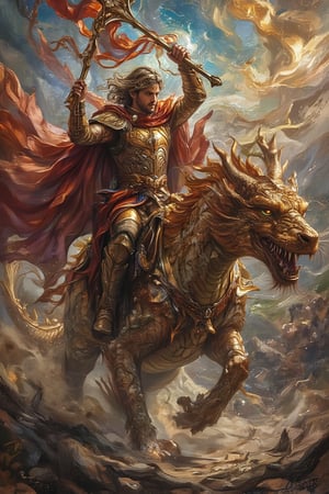 A dynamic action shot of a male mage charging forward on dragon back, detailed fantasy art, cinematic lighting, motion blur, dust clouds, armored dragon, flowing cape, determined expression, gleaming staff, medieval battlefield background, epic scene, high detail, dramatic pose, 4k, high resolution. Renaissance art.