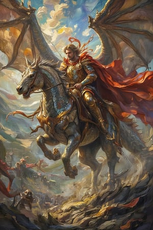 A dynamic action shot of a male knight charging forward on dragon back, detailed fantasy art, cinematic lighting, motion blur, dust clouds, armored dragon, flowing cape, determined expression, gleaming sword, medieval battlefield background, epic scene, high detail, dramatic pose, 4k, high resolution. Renaissance art.Renaissance art.emphasizing the manga aesthetic while maintaining the fantasy elements. Include subtle shading and textures to enhance the depth and detail of the image