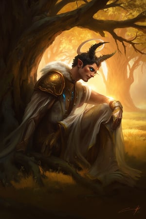 A highly detailed image of a handsome male forgiven demon sitting and leaning against a golden tree in a field of heaven. He appears to be 30 years old. Clean shaven. His hair is black, short curls framing his face. His expression is happy yet calming, his eyes kind. His jaw is chiseled and features beautiful. His eyes are sparkling blue, detailed, sparkling in the dappled light under the golden tree. His two black horn are disappearing and crumbling, angelic wings grow and appear on his back. He is relaxing. His posture is relaxed and at ascension. He wears a golden white, wearing demonic armor, angelic halo appearing on his head. He has a black pauldron on his shoulder and flaming accents on his clothes. Fantasy setting. Dynamic lighting. He looks ethereal, his skin luminescent. He is peace. He looks down at the ground. There is detailed, dynamic lighting reflecting off his armor and dappled light through the golden trees, god rays. Illustration, vintage, beautiful, fantasy, dark