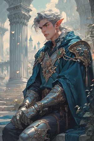 score_9,score_8_up,score_7_up,score_6_up, Male Elf, Wizard, Silver hair, emerald green eyes, strong jawline, fair skin, Short white tunic, navy blue cape, silver plate armor with magical symbols, Leather gloves, triangular earrings, ornate belt, Leaning against an ancient column, thoughtful expression, Magical city with floating lanterns and tall towers, Reflections on armor, mystical lights at dusk, Realistic fantasy colored s, Ukiyo-e