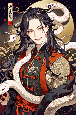 masterpiece, best quality, aethetic,warrior,Chinese Zodiac,Chinese style,a enigmatic Snake man,Snake,Snake scales,Torso shot,purple long hair,snake pupils,:d,fangs, 1 man, most handsome asian man, charming handsome man, cool man, 20yo, eerie eyes, perfect eyes, smiling,