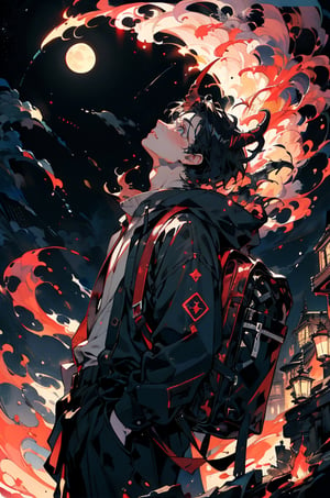 a boy remisnicing of the past, black hair, pale skin, nice clothes, baggy, vintage, night, looking up, night_sky, devil_horn,flame,Hell flame,anime boy