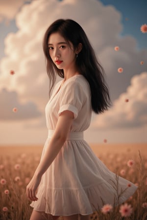 This is a highly detailed digital close-up and tilt shot artwork in a bright fantasy style, intricate tetradic colors in every details, a beautiful 22 years old Chinese girl, looking at viewer, head tilt, leaning forward, A lone girl with wavy black hair, wearing white dress, stands in windy flower field with grass, sun glare, heavenly cloudy sky, (clouds spiral:0.8), a macabre tapestry of clouds reaching towards viewer, falling petals, light cascading from an unseen aperture above. A low camera angle emphasizes the girl's with the overwhelming warm vibes.