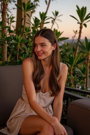 A serene 19-year-old Irish beauty sits on a plush couch perched on a cozy balcony at dusk. The gentle evening light caresses her delicate features, accentuating the luscious curve of her lips and the radiant warmth of her smile as she gazes out at the soft fading sky. Her flowing top and short silky skirt shimmer in the warm glow, highlighting her kindness, intelligence, and playful charm as she effortlessly lounges amidst the lush greenery.