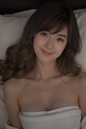 A stunning 16-year-old woman lies on her side, wrapped in a bath towel, with a pillow behind her. Her medium brown hair cascades down her back, framing her symmetrical face. Her eyes sparkle as she smiles sweetly, lips closed. Her gaze is fixed on the camera, inviting intimacy. The slightly dark theme creates a cinematic atmosphere, with highly detailed rendering of her body, facial features, and hair. The bath towel's texture is meticulously portrayed, as are the folds in her skin.