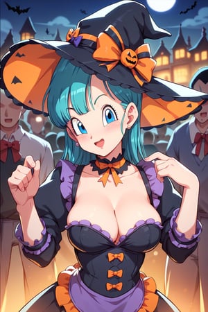 score_9, score_8_up, score_8, Dragon Ball, Bulma, wearing Lolita Outfit, Halloween party, 1girl, faceless crowd, sexy, sensual, evening, halloween decor