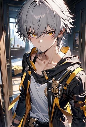 sexy man ,caelus (honkai star rail ),(masterpiece)  , looking at the camera, serious face , best quality, depressing eyes,
perfect face,  , yellow eyes, silver hair, room background, ((best quality)), ((high quality)), ((ultra-detailed)), ((extremely detailed)),
half-body picture picture, picture to be above the waist