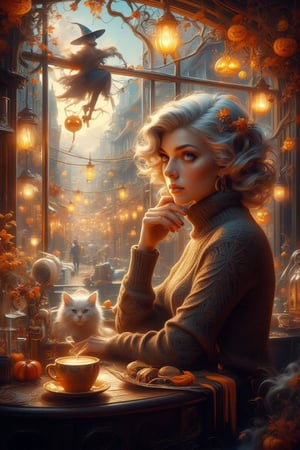 In a warm, golden-lit cafe, a lovely lady with soft, ash grey hair and deep blue eyes sits at a wooden table, surrounded by the whimsical atmosphere of a magical Halloween twilight. She wears a cozy turtleneck pullover as she gazes out the window, where swirling autumn leaves and twinkling lights on the antique-style street create a sense of enchantment. A fluffy white cat purrs beside her, sharing in the magic. Above, a witch on a broomstick soars, casting an otherworldly glow that highlights the intricate decorations and the girl's serene expression, capturing a moment of pure sweetness and wonder.