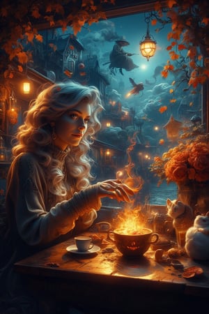 Golden hour's warm light casts a cozy ambiance within the whimsical cafe, where the lovely lady with long unravelling soft ash grey hair and deep blue eyes sits amidst a hauntingly beautiful Halloween twilight scene. Her gaze drifts out to swirling autumn leaves and twinkling lights on the antique-style street, as a witch on a broomstick above casts an otherworldly glow. The wooden table's warm reflection radiates from her cozy turtleneck pullover, while a fluffy white cat purrs beside her, basking in the magic.