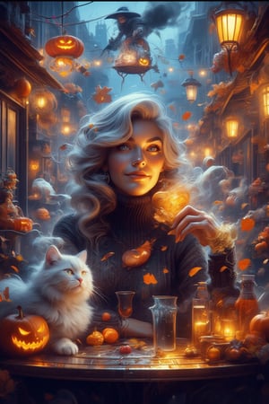 From the street, we see a beautiful girl (in a turtleneck pullover) In this magically sweet portrait, a lady with soft, wavy hair, deep blue eyes, smiles gently, sitting at a table in a cafe, her gaze directed at the rainy street outside, fluffy white cat sitting with her . Colorful autumn leaves swirl in the wind, and the street is glowing with magical Halloween twilight lights. The antique-style street is decked out in spooky Halloween decorations, adding an eerie yet festive vibe to the scene. The girl’s stillness contrasts with the enchanting, lively magical Halloween atmosphere outside. The portrait radiates innocence and warmth, capturing a moment of pure sweetness. fantasy, magical, neat illustration, UHD. Modifiers:Pino Daeni etheral otherwordliness LEONARDO DIFFUSION XL STYLE, crisp quality,, A witch on a broomstick flies gracefully above the street.
