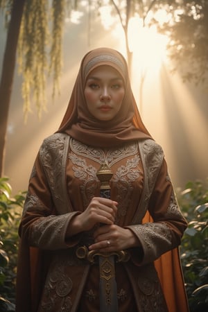 A woman in a warrior suit and hijab leaving only the eyes are visible The woman wears a hooded cloak, holding an antique bladed sword, medium shot, soft focus background, detailed gold filigree with delicate artwork, eastern pattern influences, softly glowing silver and gold accents, misty dreamcatcher forest with lush greenery, golden hour lighting, soft rays filtering through the trees, high contrast, best quality, 8k resolution, intricate delicate art, 14th century eastern craftsmanship, warm color tones