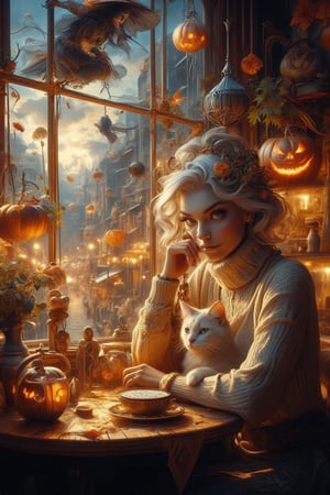 In a warm, golden-lit cafe, a lovely lady with soft, ash grey hair and deep blue eyes sits at a wooden table, surrounded by the whimsical atmosphere of a magical Halloween twilight. She wears a cozy turtleneck pullover as she gazes out the window, where swirling autumn leaves and twinkling lights on the antique-style street create a sense of enchantment. A fluffy white cat purrs beside her, sharing in the magic. Above, a witch on a broomstick soars, casting an otherworldly glow that highlights the intricate decorations and the girl's serene expression, capturing a moment of pure sweetness and wonder.