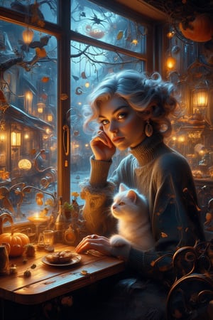 In a warm, golden-lit cafe, a lovely lady with soft, ash grey hair and deep blue eyes sits at a wooden table, surrounded by the whimsical atmosphere of a magical Halloween twilight. She wears a cozy turtleneck pullover as she gazes out the window, where swirling autumn leaves and twinkling lights on the antique-style street create a sense of enchantment. A fluffy white cat purrs beside her, sharing in the magic. Above, a witch on a broomstick soars, casting an otherworldly glow that highlights the intricate decorations and the girl's serene expression, capturing a moment of pure sweetness and wonder.