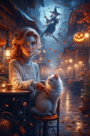 From the street, we see a beautiful girl (in a turtleneck pullover) In this magically sweet portrait, a cute young girl with soft, wavy reddish hair, deep blue eyes, smiles gently, sitting at a table in a cafe, her gaze directed at the rainy street outside, fluffy white cat sitting with her . Colorful autumn leaves swirl in the wind, and the street is glowing with magical Halloween twilight lights. The antique-style street is decked out in spooky Halloween decorations, adding an eerie yet festive vibe to the scene. The girl’s stillness contrasts with the enchanting, lively magical Halloween atmosphere outside. The portrait radiates innocence and warmth, capturing a moment of pure sweetness. fantasy, magical, neat illustration, UHD. Modifiers:Pino Daeni etheral otherwordliness LEONARDO DIFFUSION XL STYLE, crisp quality,, A witch on a broomstick flies gracefully above the street.
