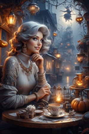 In an enchanting, Pino Daeni-inspired portrait, a lovely lady in a turtleneck pullover sits at a table in a cafe, surrounded by the whimsical atmosphere of a magical Halloween twilight. Her soft, ash grey hair flows like silk as she smiles gently, her deep blue eyes gazing out the window at the swirling autumn leaves and twinkling lights on the antique-style street. A fluffy white cat purrs beside her, as if sharing in the magic. The witch on a broomstick soars above, casting an otherworldly glow. In crisp, UHD detail, every element - from the intricate decorations to the girl's serene expression - comes together to capture a moment of pure sweetness and wonder.