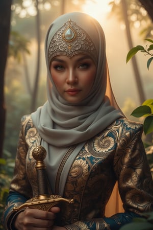 A woman in a warrior suit and hijab leaving only the eyes are visible The woman wears a hooded cloak, holding an antique bladed sword, medium shot, soft focus background, detailed gold filigree with delicate artwork, eastern pattern influences, softly glowing silver and gold accents, misty dreamcatcher forest with lush greenery, golden hour lighting, soft rays filtering through the trees, high contrast, best quality, 8k resolution, intricate delicate art, 14th century eastern craftsmanship, warm color tones