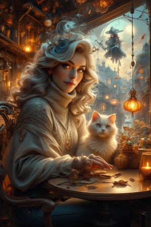 In a warm, golden-lit cafe, a lovely lady with soft, ash grey hair and deep blue eyes sits at a wooden table, surrounded by the whimsical atmosphere of a magical Halloween twilight. She wears a cozy turtleneck pullover as she gazes out the window, where swirling autumn leaves and twinkling lights on the antique-style street create a sense of enchantment. A fluffy white cat purrs beside her, sharing in the magic. Above, a witch on a broomstick soars, casting an otherworldly glow that highlights the intricate decorations and the girl's serene expression, capturing a moment of pure sweetness and wonder.