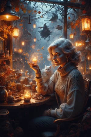 In a warm, golden-lit cafe, a lovely lady with soft, ash grey hair and deep blue eyes sits at a wooden table, surrounded by the whimsical atmosphere of a magical Halloween twilight. She wears a cozy turtleneck pullover as she gazes out the window, where swirling autumn leaves and twinkling lights on the antique-style street create a sense of enchantment. A fluffy white cat purrs beside her, sharing in the magic. Above, a witch on a broomstick soars, casting an otherworldly glow that highlights the intricate decorations and the girl's serene expression, capturing a moment of pure sweetness and wonder.