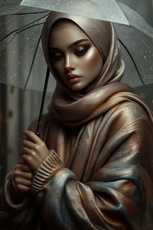 In a cinematic setting bathed in moody lighting, a stunning lady wearing a hijab and modestly intricately long knitwear stands confidently amidst torrential rain, her flawless complexion radiating warmth against the grey backdrop. Framed by the rain-soaked environment, she grasps a transparent umbrella, its colors popping against the drizzle. Her defined eyebrows and subtle eyeshadow accentuate her detailed eyes, while invitingly plump lips seem to beckon the viewer. The photorealistic rendering is so lifelike that raindrops glistening on her hijab appear ready to be touched.